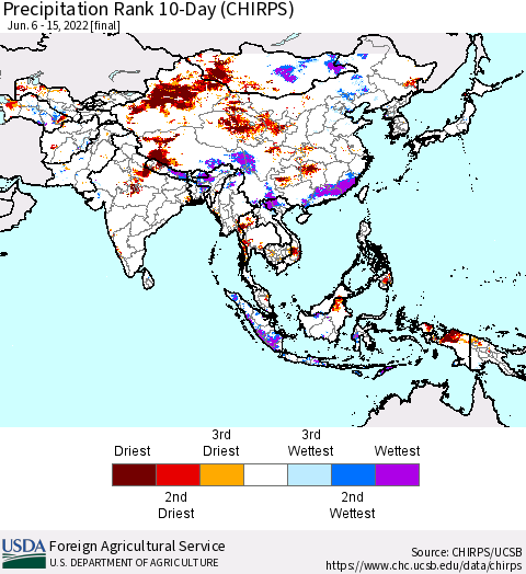 Asia Precipitation Rank since 1981, 10-Day (CHIRPS) Thematic Map For 6/6/2022 - 6/15/2022