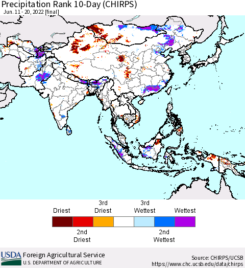 Asia Precipitation Rank since 1981, 10-Day (CHIRPS) Thematic Map For 6/11/2022 - 6/20/2022