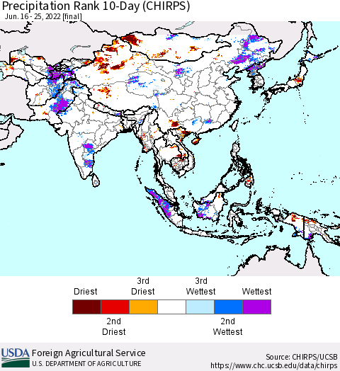 Asia Precipitation Rank since 1981, 10-Day (CHIRPS) Thematic Map For 6/16/2022 - 6/25/2022
