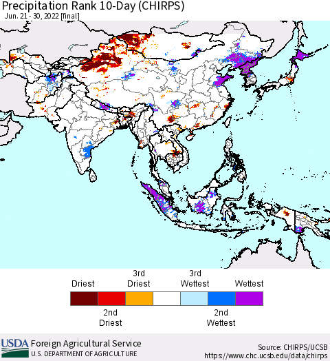 Asia Precipitation Rank since 1981, 10-Day (CHIRPS) Thematic Map For 6/21/2022 - 6/30/2022