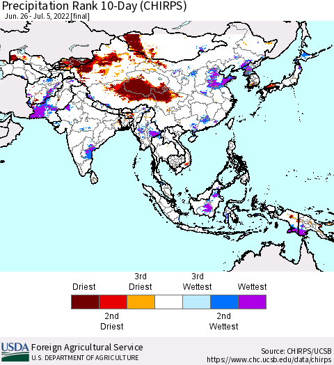 Asia Precipitation Rank since 1981, 10-Day (CHIRPS) Thematic Map For 6/26/2022 - 7/5/2022