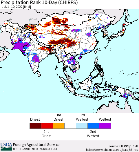 Asia Precipitation Rank since 1981, 10-Day (CHIRPS) Thematic Map For 7/1/2022 - 7/10/2022