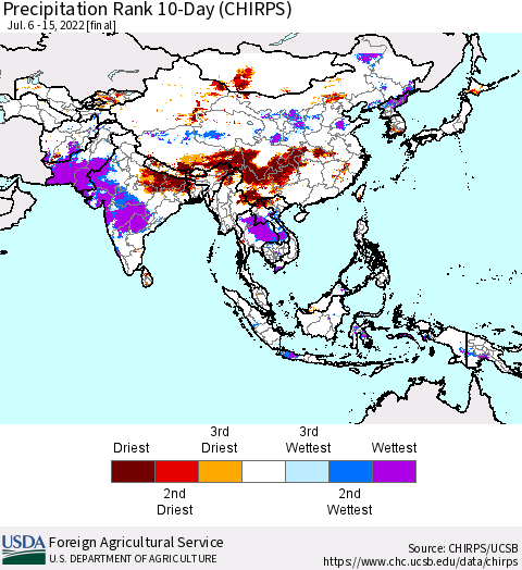 Asia Precipitation Rank since 1981, 10-Day (CHIRPS) Thematic Map For 7/6/2022 - 7/15/2022