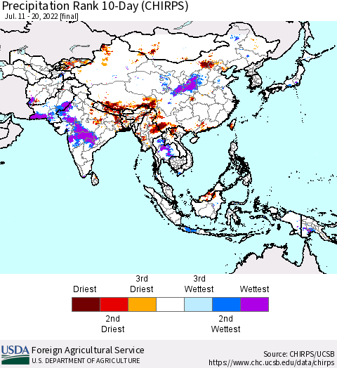 Asia Precipitation Rank since 1981, 10-Day (CHIRPS) Thematic Map For 7/11/2022 - 7/20/2022