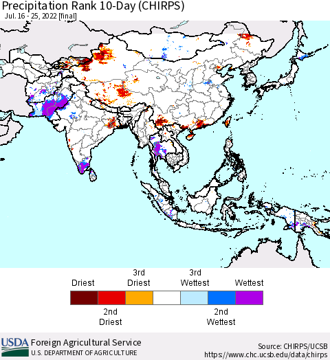 Asia Precipitation Rank since 1981, 10-Day (CHIRPS) Thematic Map For 7/16/2022 - 7/25/2022