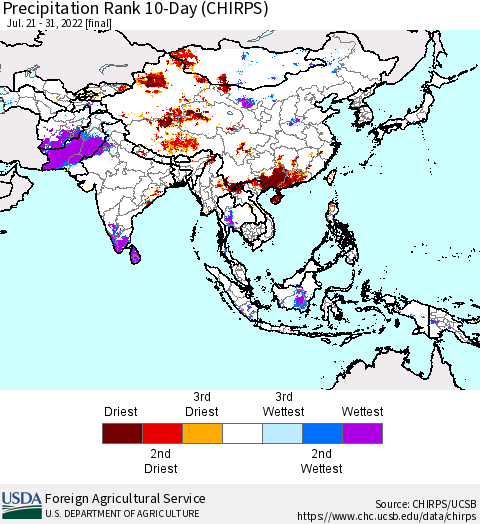 Asia Precipitation Rank since 1981, 10-Day (CHIRPS) Thematic Map For 7/21/2022 - 7/31/2022