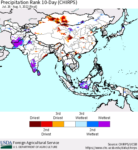 Asia Precipitation Rank since 1981, 10-Day (CHIRPS) Thematic Map For 7/26/2022 - 8/5/2022