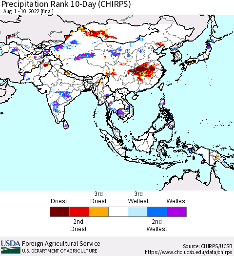 Asia Precipitation Rank since 1981, 10-Day (CHIRPS) Thematic Map For 8/1/2022 - 8/10/2022