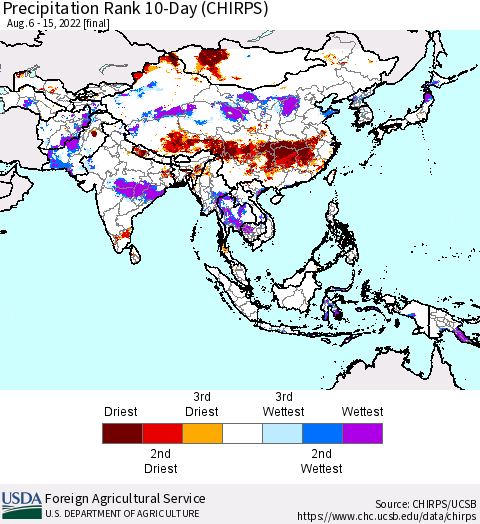 Asia Precipitation Rank since 1981, 10-Day (CHIRPS) Thematic Map For 8/6/2022 - 8/15/2022