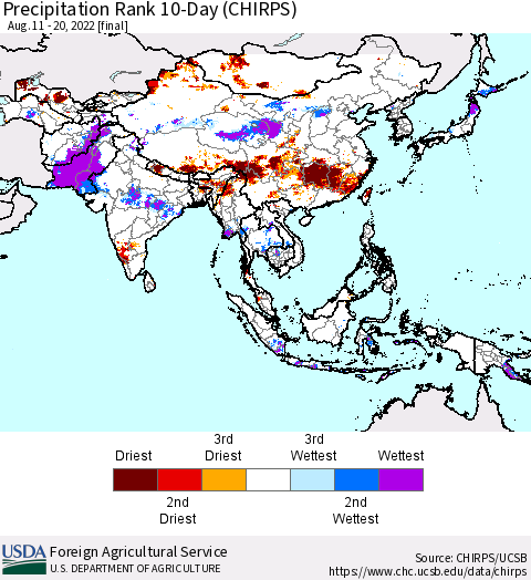 Asia Precipitation Rank since 1981, 10-Day (CHIRPS) Thematic Map For 8/11/2022 - 8/20/2022