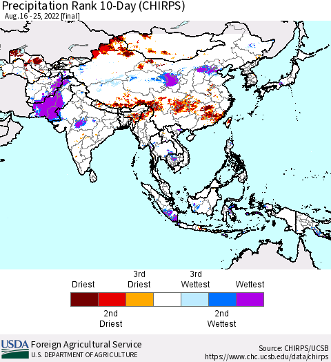 Asia Precipitation Rank since 1981, 10-Day (CHIRPS) Thematic Map For 8/16/2022 - 8/25/2022