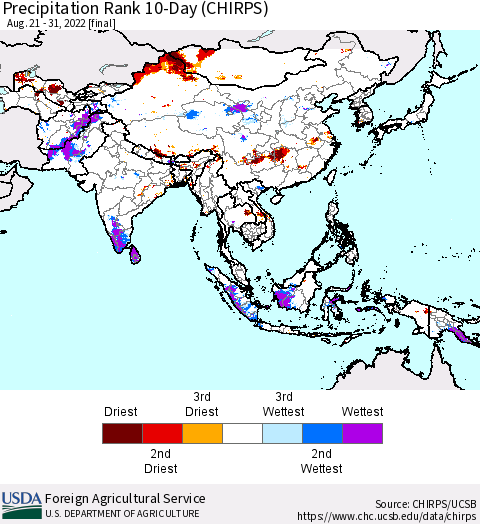 Asia Precipitation Rank since 1981, 10-Day (CHIRPS) Thematic Map For 8/21/2022 - 8/31/2022