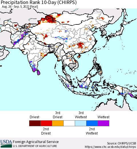 Asia Precipitation Rank since 1981, 10-Day (CHIRPS) Thematic Map For 8/26/2022 - 9/5/2022