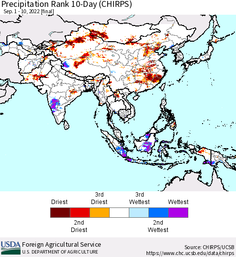 Asia Precipitation Rank since 1981, 10-Day (CHIRPS) Thematic Map For 9/1/2022 - 9/10/2022