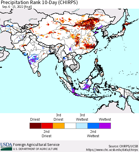 Asia Precipitation Rank since 1981, 10-Day (CHIRPS) Thematic Map For 9/6/2022 - 9/15/2022