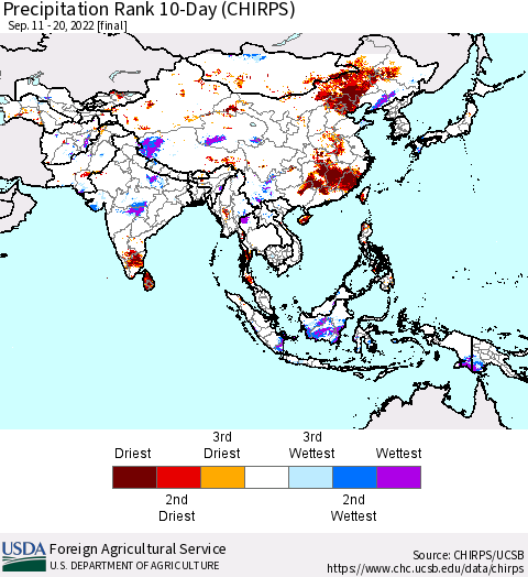 Asia Precipitation Rank since 1981, 10-Day (CHIRPS) Thematic Map For 9/11/2022 - 9/20/2022