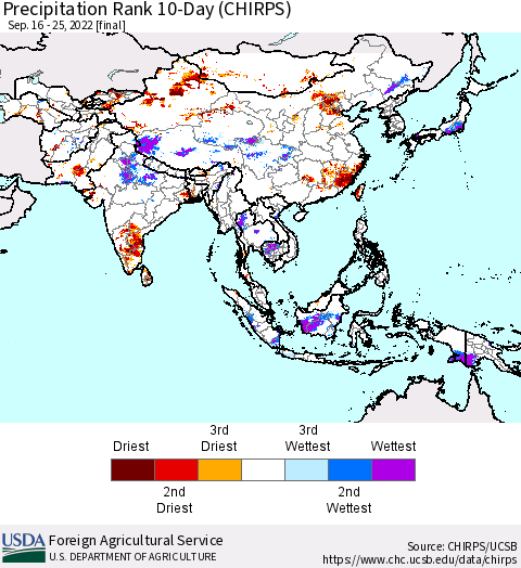 Asia Precipitation Rank since 1981, 10-Day (CHIRPS) Thematic Map For 9/16/2022 - 9/25/2022