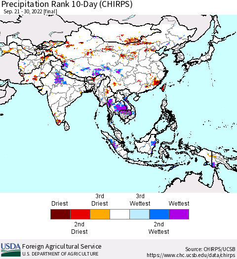 Asia Precipitation Rank since 1981, 10-Day (CHIRPS) Thematic Map For 9/21/2022 - 9/30/2022