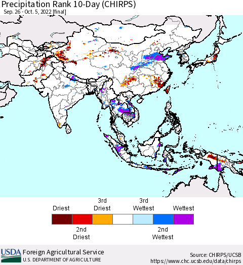 Asia Precipitation Rank since 1981, 10-Day (CHIRPS) Thematic Map For 9/26/2022 - 10/5/2022
