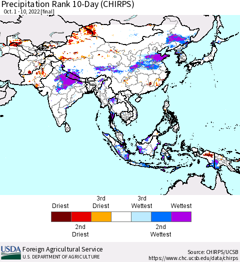 Asia Precipitation Rank since 1981, 10-Day (CHIRPS) Thematic Map For 10/1/2022 - 10/10/2022