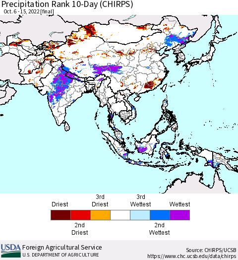 Asia Precipitation Rank since 1981, 10-Day (CHIRPS) Thematic Map For 10/6/2022 - 10/15/2022