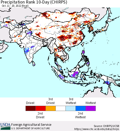 Asia Precipitation Rank since 1981, 10-Day (CHIRPS) Thematic Map For 10/11/2022 - 10/20/2022