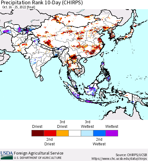 Asia Precipitation Rank since 1981, 10-Day (CHIRPS) Thematic Map For 10/16/2022 - 10/25/2022