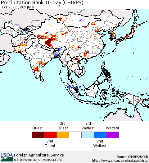 Asia Precipitation Rank since 1981, 10-Day (CHIRPS) Thematic Map For 10/21/2022 - 10/31/2022