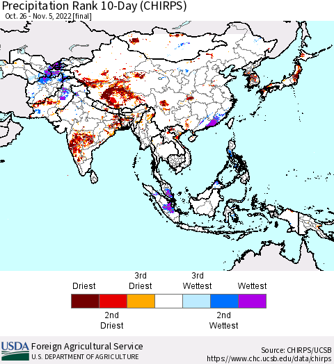 Asia Precipitation Rank since 1981, 10-Day (CHIRPS) Thematic Map For 10/26/2022 - 11/5/2022
