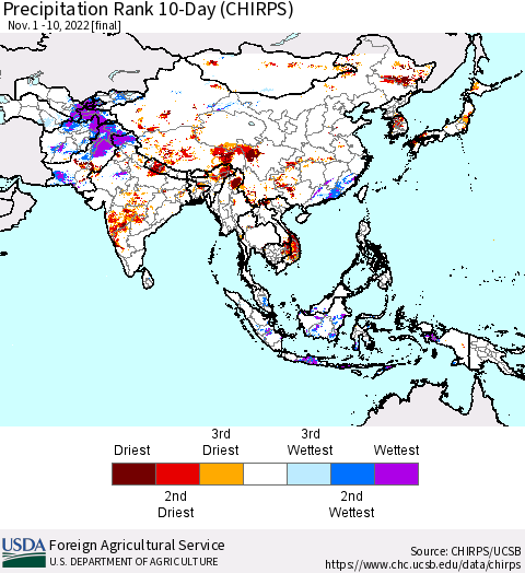 Asia Precipitation Rank since 1981, 10-Day (CHIRPS) Thematic Map For 11/1/2022 - 11/10/2022