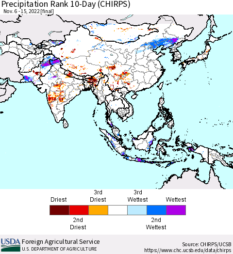 Asia Precipitation Rank since 1981, 10-Day (CHIRPS) Thematic Map For 11/6/2022 - 11/15/2022