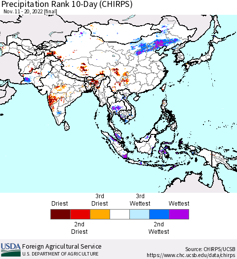 Asia Precipitation Rank since 1981, 10-Day (CHIRPS) Thematic Map For 11/11/2022 - 11/20/2022