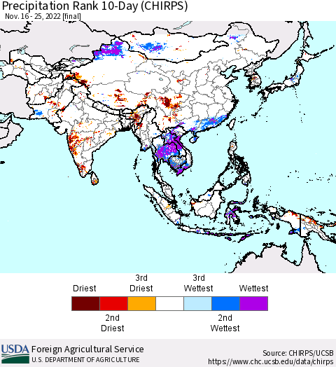 Asia Precipitation Rank since 1981, 10-Day (CHIRPS) Thematic Map For 11/16/2022 - 11/25/2022