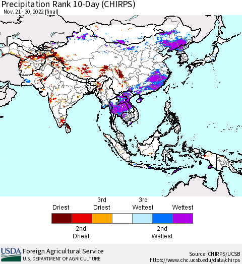 Asia Precipitation Rank since 1981, 10-Day (CHIRPS) Thematic Map For 11/21/2022 - 11/30/2022