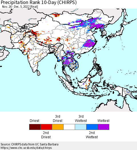 Asia Precipitation Rank since 1981, 10-Day (CHIRPS) Thematic Map For 11/26/2022 - 12/5/2022