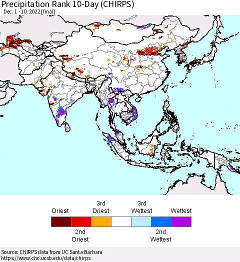 Asia Precipitation Rank since 1981, 10-Day (CHIRPS) Thematic Map For 12/1/2022 - 12/10/2022