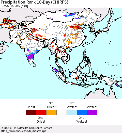 Asia Precipitation Rank since 1981, 10-Day (CHIRPS) Thematic Map For 12/6/2022 - 12/15/2022
