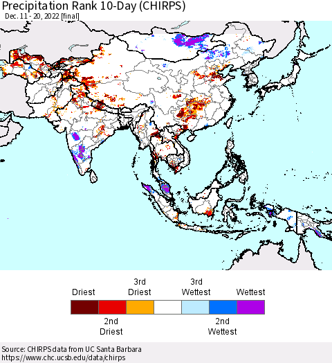 Asia Precipitation Rank since 1981, 10-Day (CHIRPS) Thematic Map For 12/11/2022 - 12/20/2022