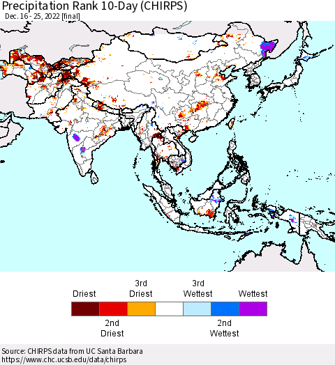 Asia Precipitation Rank since 1981, 10-Day (CHIRPS) Thematic Map For 12/16/2022 - 12/25/2022