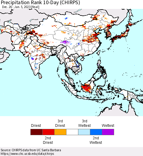 Asia Precipitation Rank since 1981, 10-Day (CHIRPS) Thematic Map For 12/26/2022 - 1/5/2023