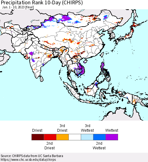 Asia Precipitation Rank since 1981, 10-Day (CHIRPS) Thematic Map For 1/1/2023 - 1/10/2023
