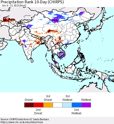 Asia Precipitation Rank since 1981, 10-Day (CHIRPS) Thematic Map For 1/6/2023 - 1/15/2023