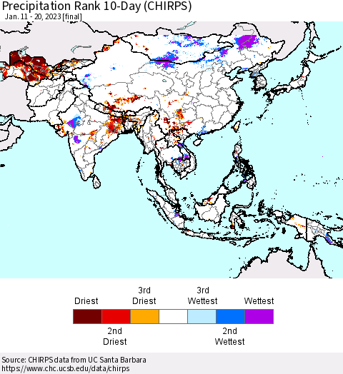 Asia Precipitation Rank since 1981, 10-Day (CHIRPS) Thematic Map For 1/11/2023 - 1/20/2023
