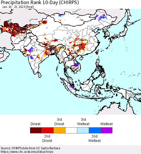 Asia Precipitation Rank since 1981, 10-Day (CHIRPS) Thematic Map For 1/16/2023 - 1/25/2023