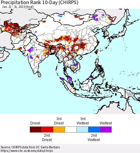 Asia Precipitation Rank since 1981, 10-Day (CHIRPS) Thematic Map For 1/21/2023 - 1/31/2023