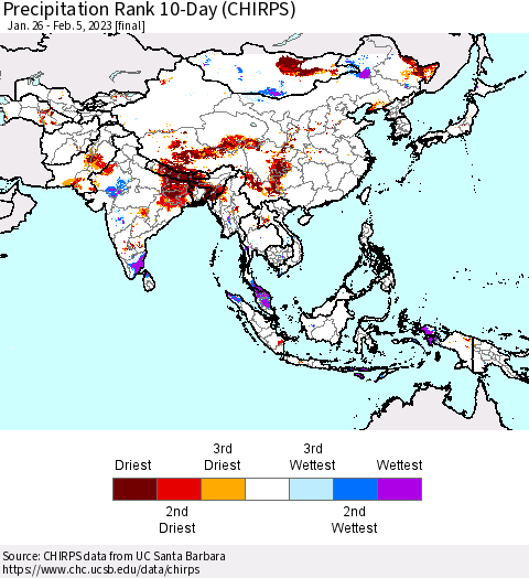 Asia Precipitation Rank since 1981, 10-Day (CHIRPS) Thematic Map For 1/26/2023 - 2/5/2023