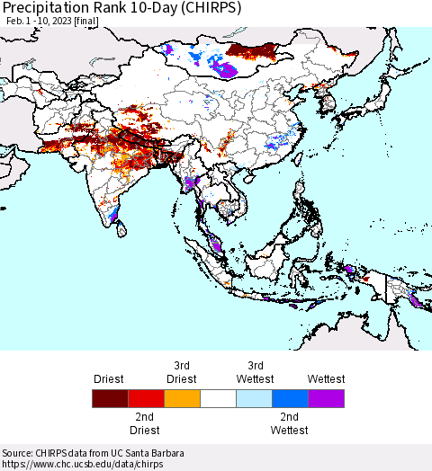 Asia Precipitation Rank since 1981, 10-Day (CHIRPS) Thematic Map For 2/1/2023 - 2/10/2023