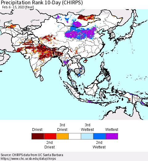 Asia Precipitation Rank since 1981, 10-Day (CHIRPS) Thematic Map For 2/6/2023 - 2/15/2023