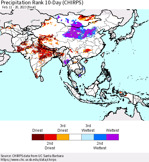Asia Precipitation Rank since 1981, 10-Day (CHIRPS) Thematic Map For 2/11/2023 - 2/20/2023