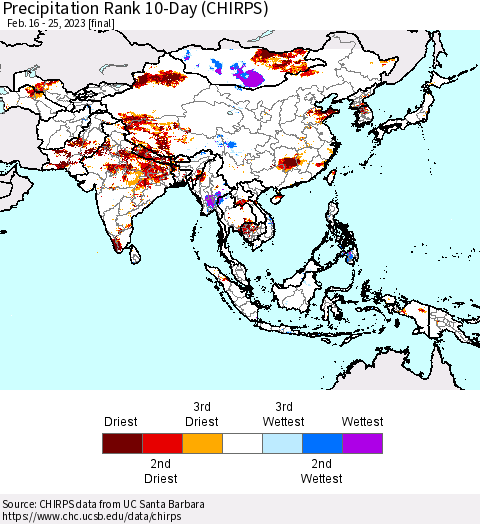 Asia Precipitation Rank since 1981, 10-Day (CHIRPS) Thematic Map For 2/16/2023 - 2/25/2023